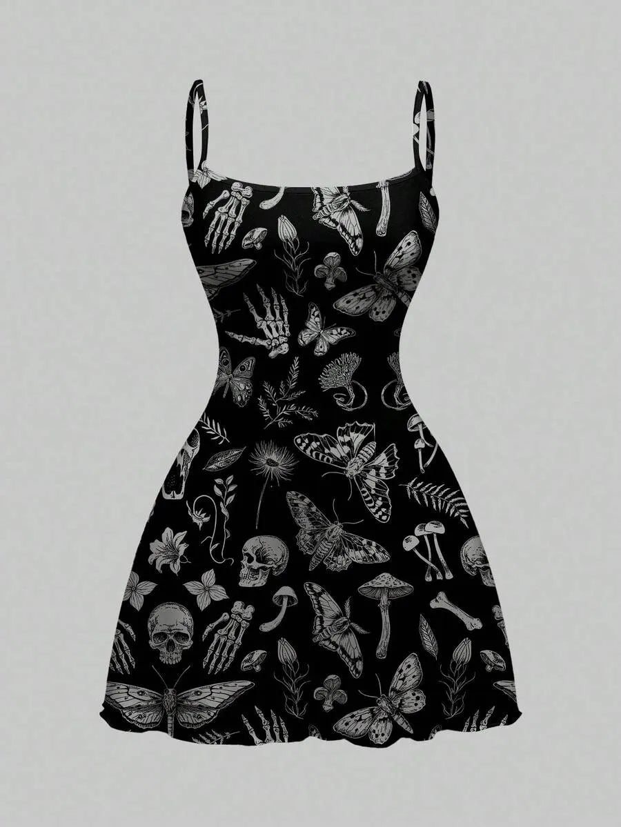 Gothic Dark Halloween Skull Moth Print Cami Mini Dress – OddicArt Bootique