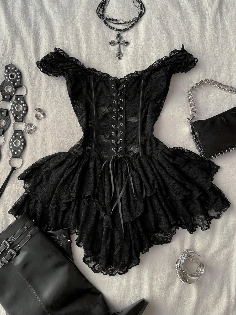 Vintage Y2K Off-Shoulder Asymmetric Black Lace Mini Corset Dress – OddicArt Bootique