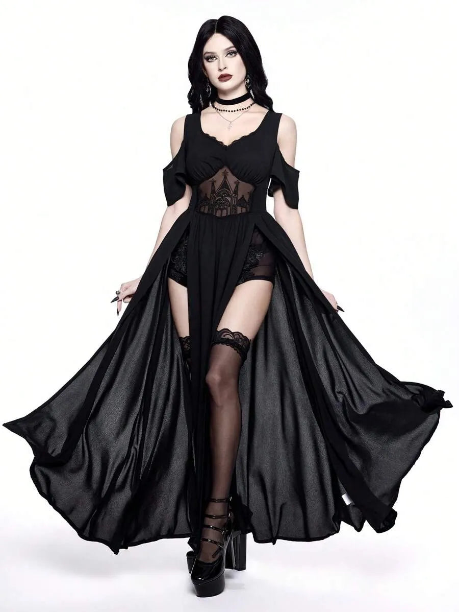 Gothic Cold-Shoulder Deep V-Neck High Split Maxi Party Dress – OddicArt Bootique
