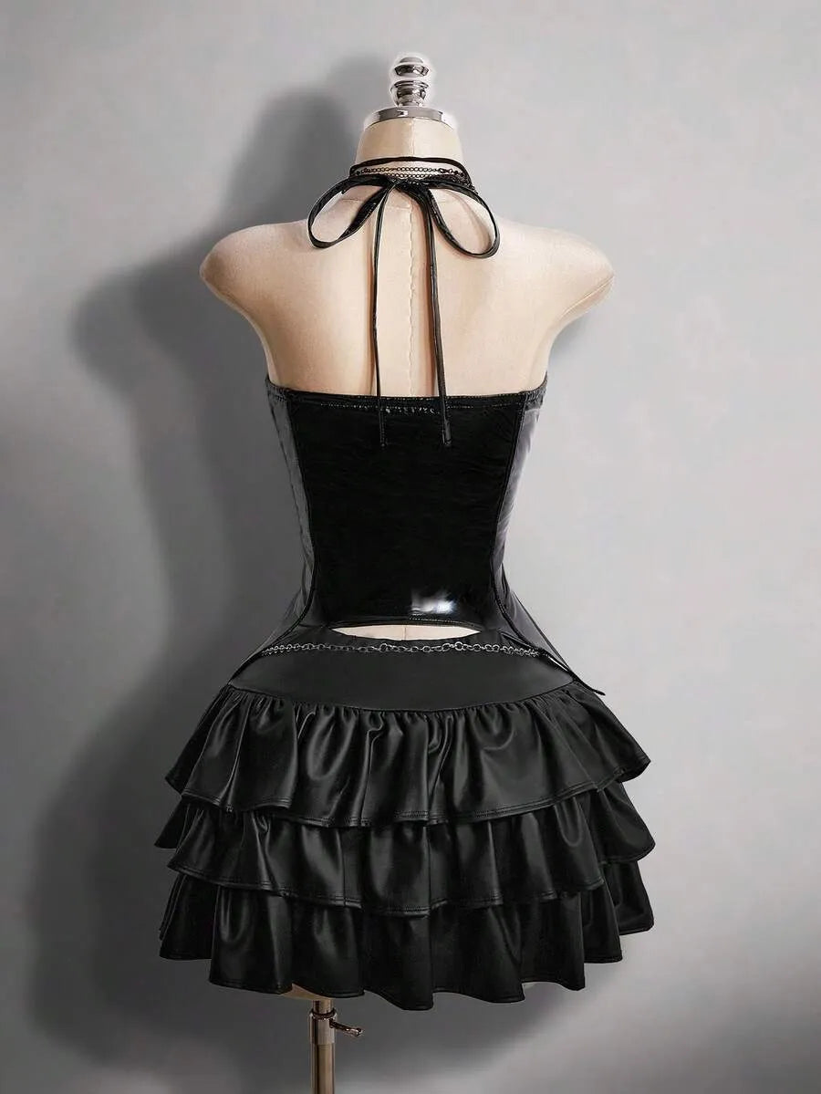 Gothic Dark Y2K Halter PU Leather Corset Top With Cross Rhinestone