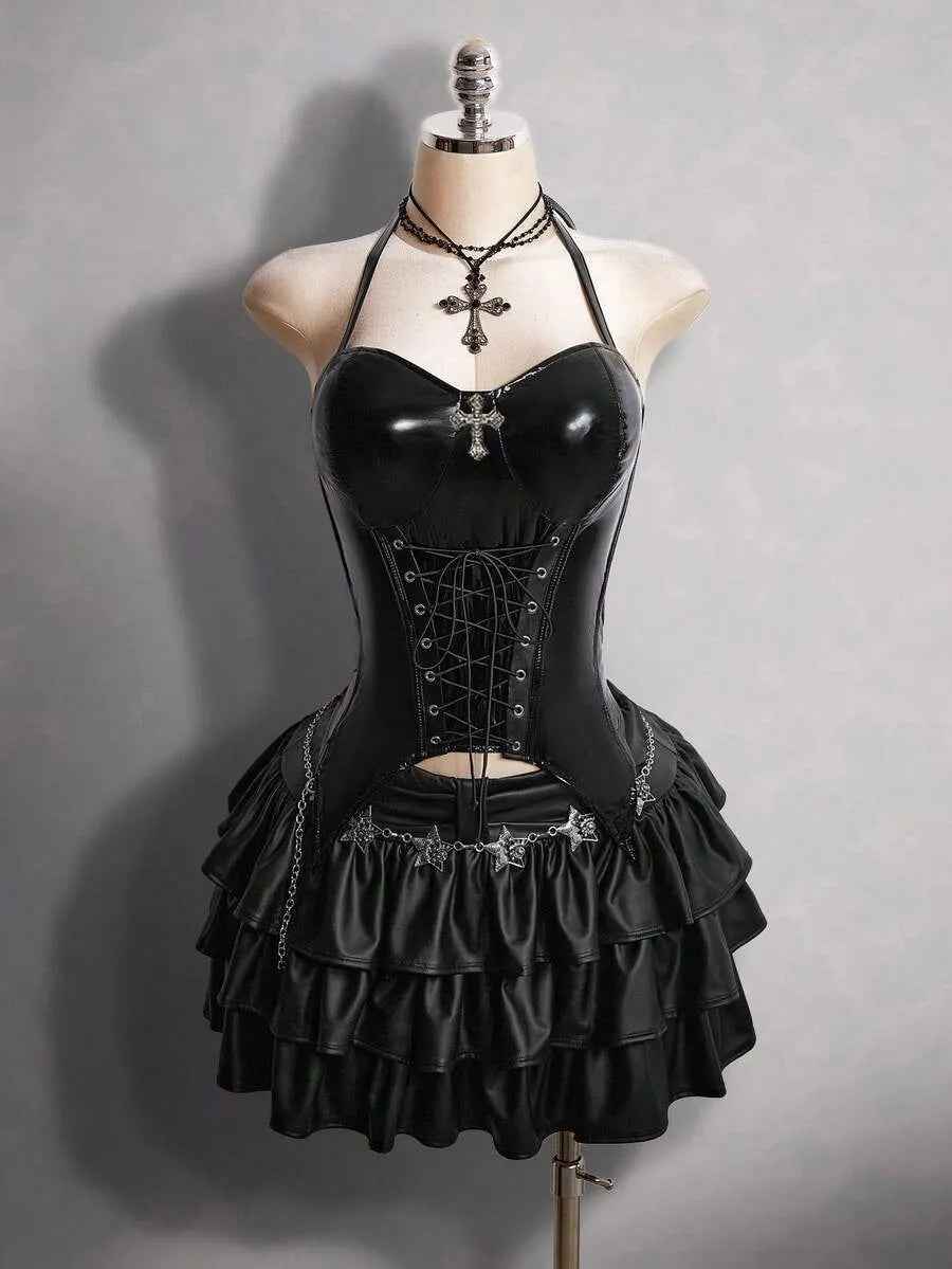 Gothic Dark Y2K Halter PU Leather Corset Top With Cross Rhinestone
