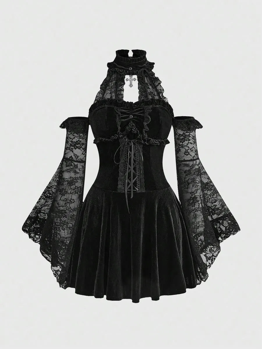 Gothic Mock Neck Velvet Lace Patchwork Flare Sleeve Corset Mini Dress