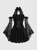 Gothic Mock Neck Velvet Lace Patchwork Flare Sleeve Corset Mini Dress