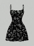 Gothic Dark Halloween Skull Moth Print Cami Mini Dress