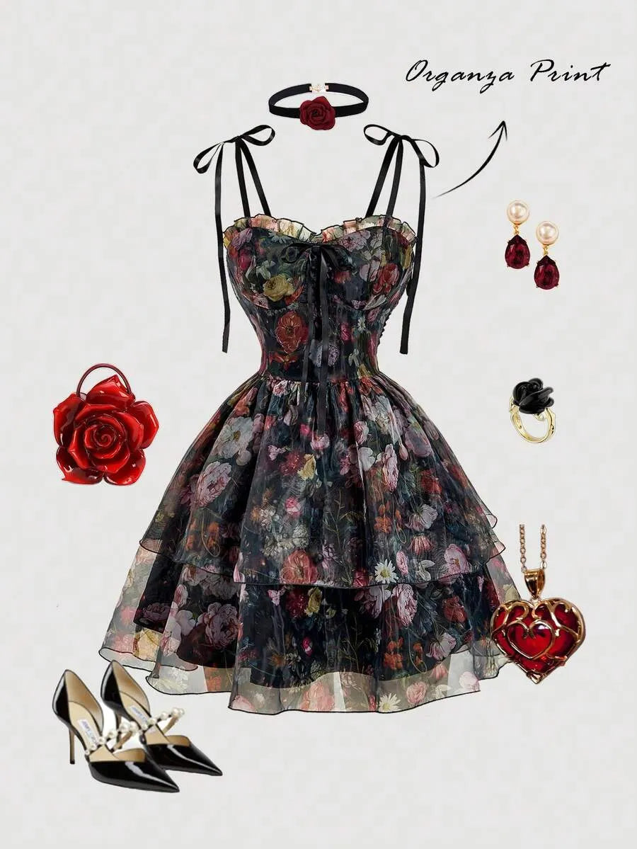 Romantic Vintage Oil Painting Floral Organza Tiered Camisole Mini Dress