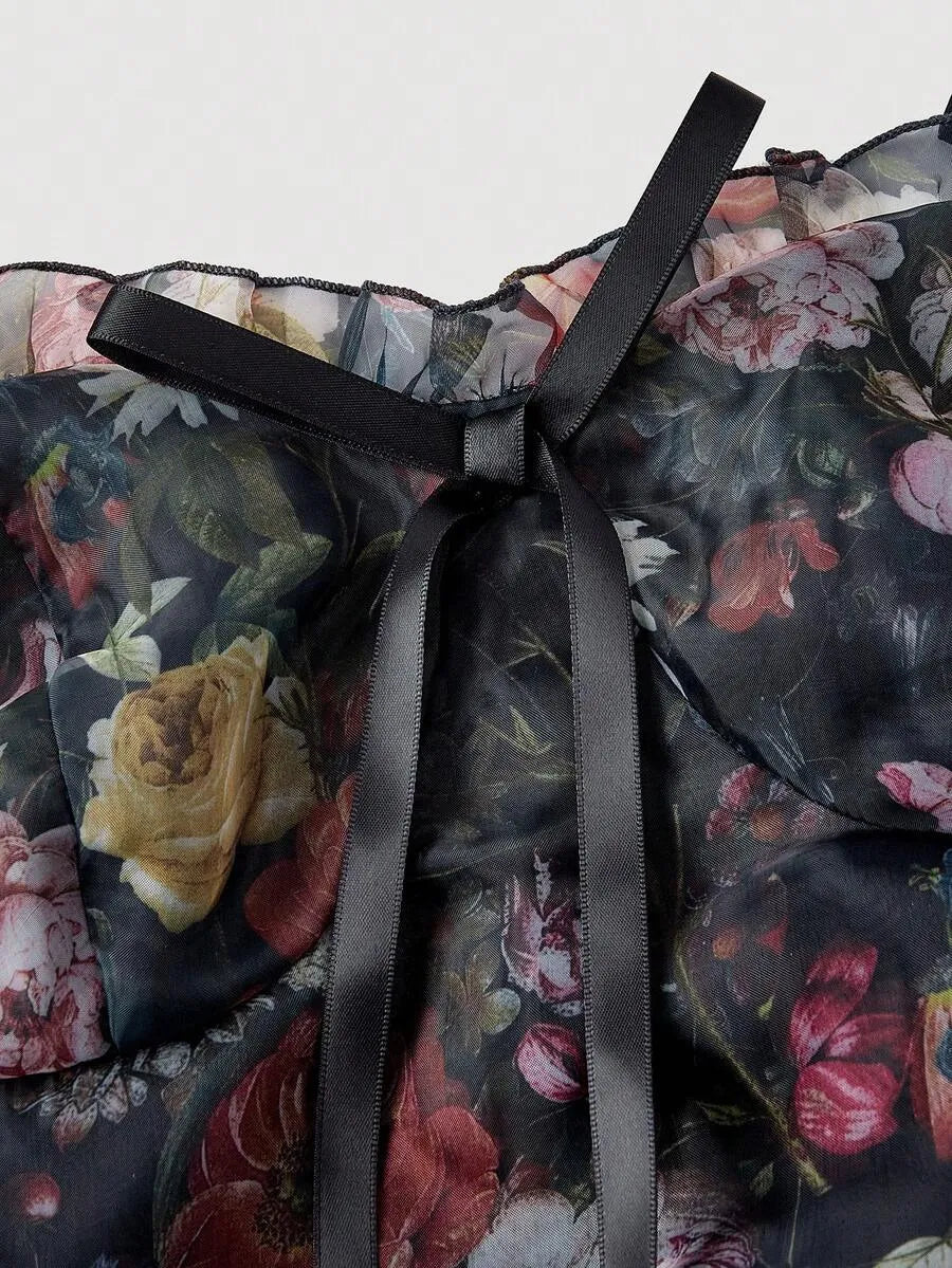 Romantic Vintage Oil Painting Floral Organza Tiered Camisole Mini Dress
