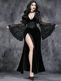 Gothic Deep V-Neck High Split Velvet Flare Sleeve Maxi Dress