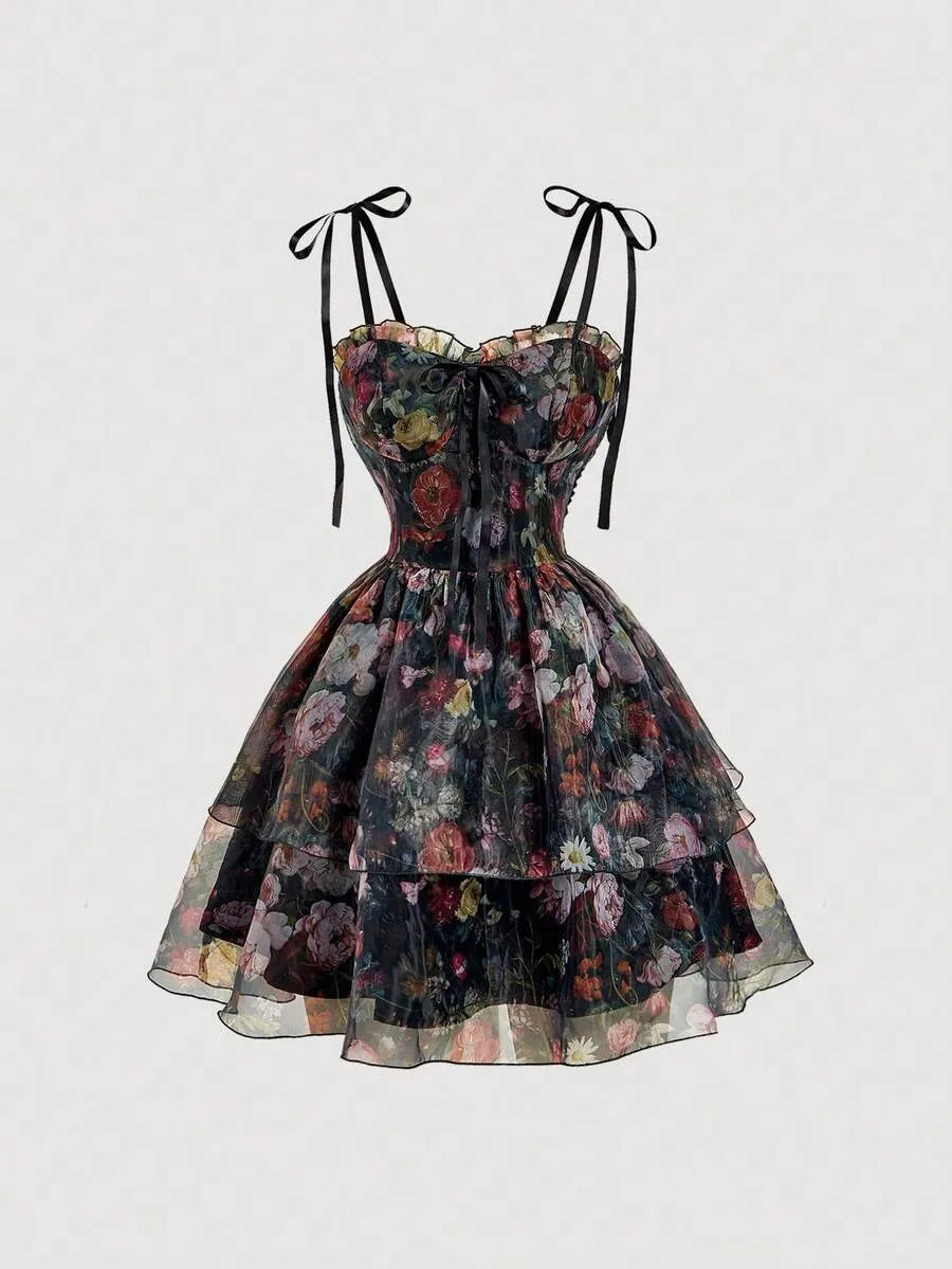 Romantic Vintage Oil Painting Floral Organza Tiered Camisole Mini Dress