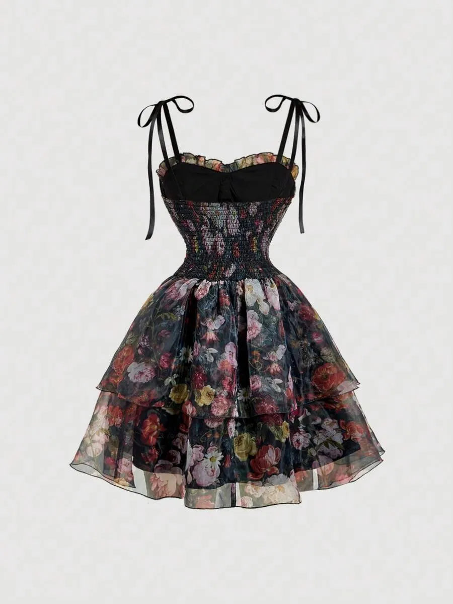Romantic Vintage Oil Painting Floral Organza Tiered Camisole Mini Dress