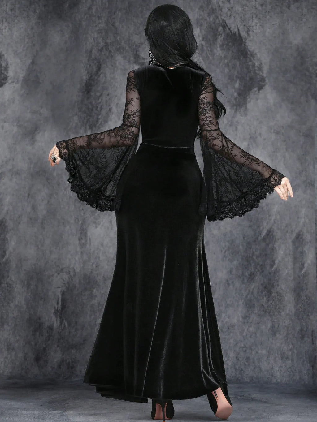 Gothic Deep V-Neck High Split Velvet Flare Sleeve Maxi Dress
