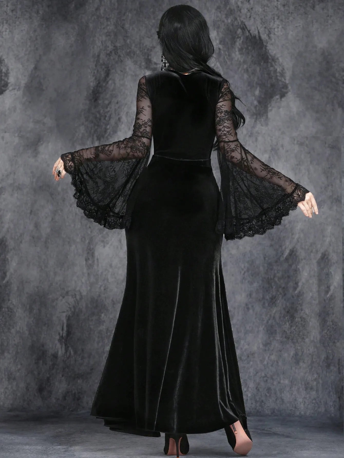 Gothic Deep V-Neck High Split Velvet Flare Sleeve Maxi Dress