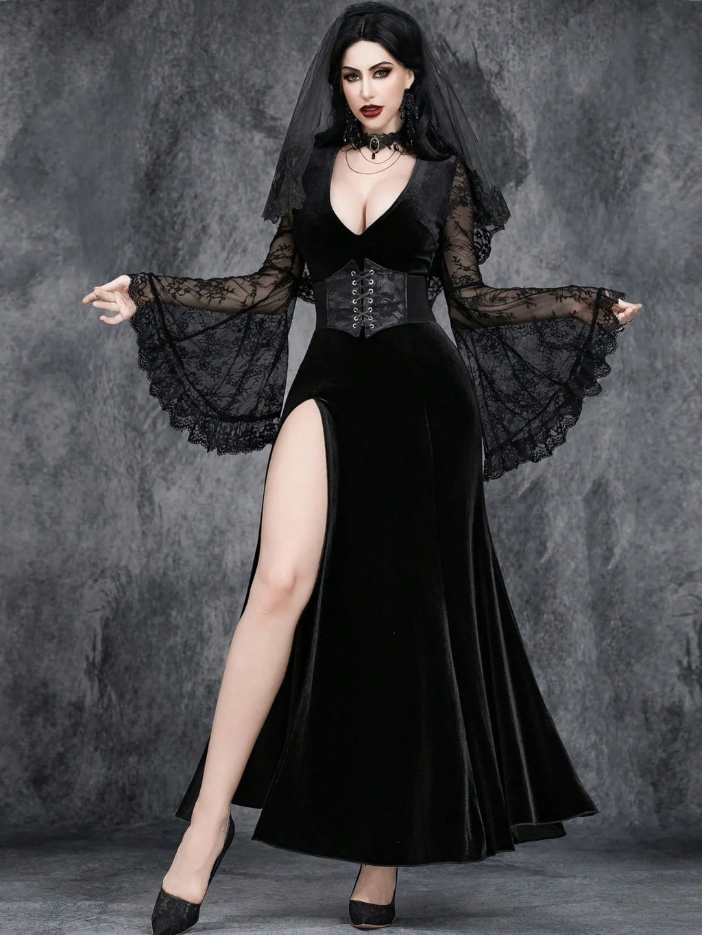 Gothic Deep V-Neck High Split Velvet Flare Sleeve Maxi Dress
