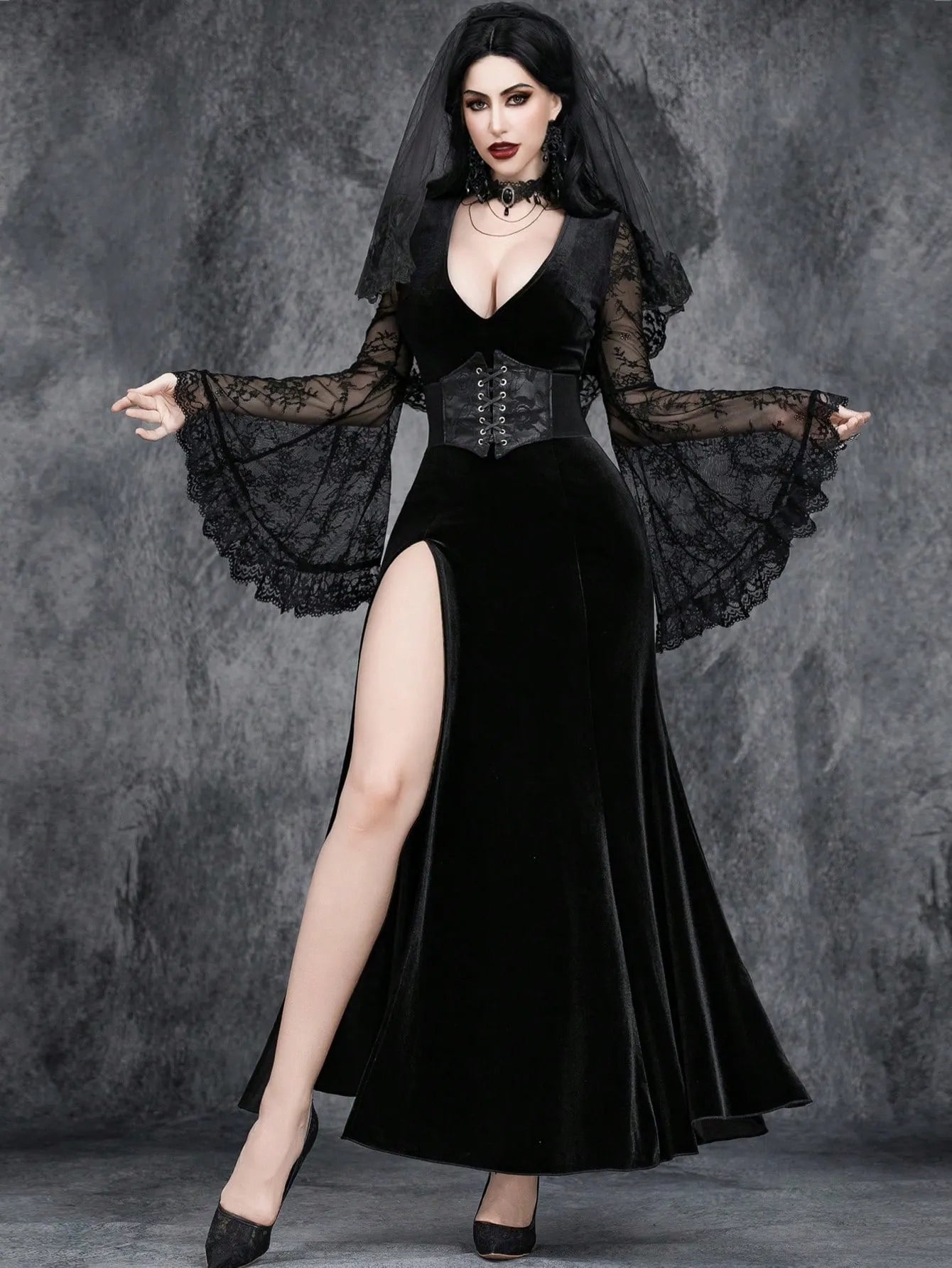 Gothic Deep V-Neck High Split Velvet Flare Sleeve Maxi Dress