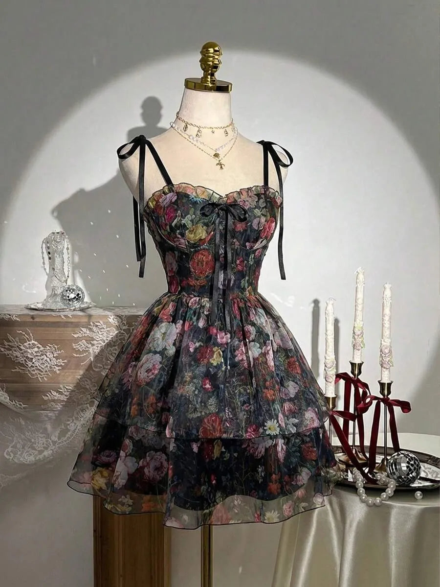 Romantic Vintage Oil Painting Floral Organza Tiered Camisole Mini Dress