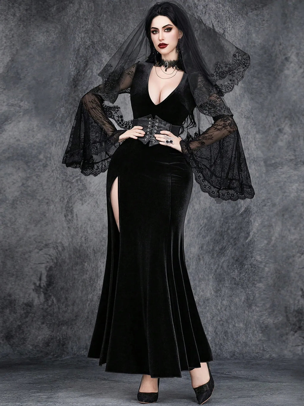 Gothic Deep V-Neck High Split Velvet Flare Sleeve Maxi Dress