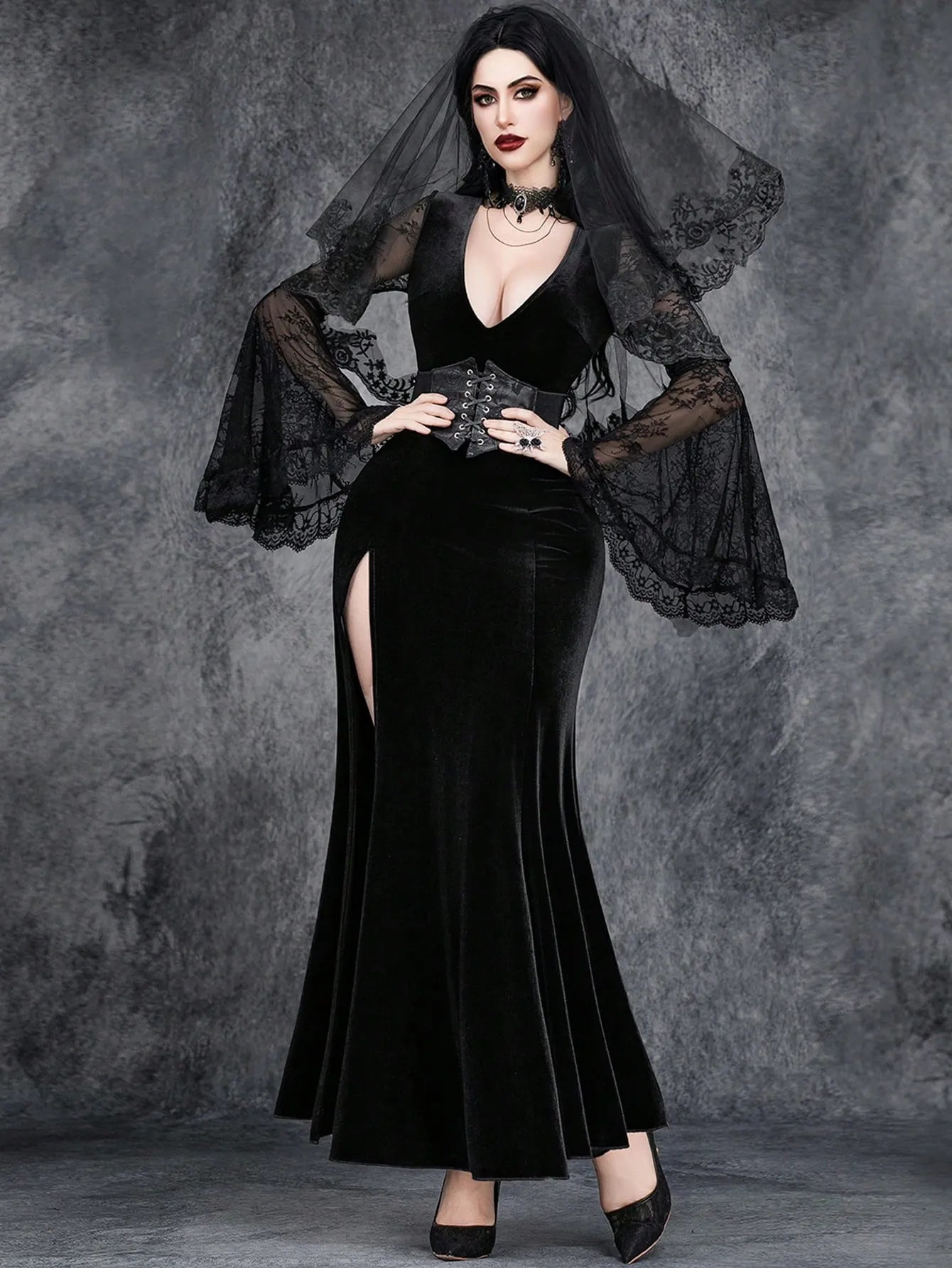 Gothic Deep V-Neck High Split Velvet Flare Sleeve Maxi Dress