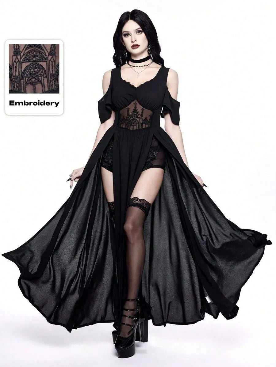 Gothic Cold-Shoulder Deep V-Neck High Split Maxi Party Dress