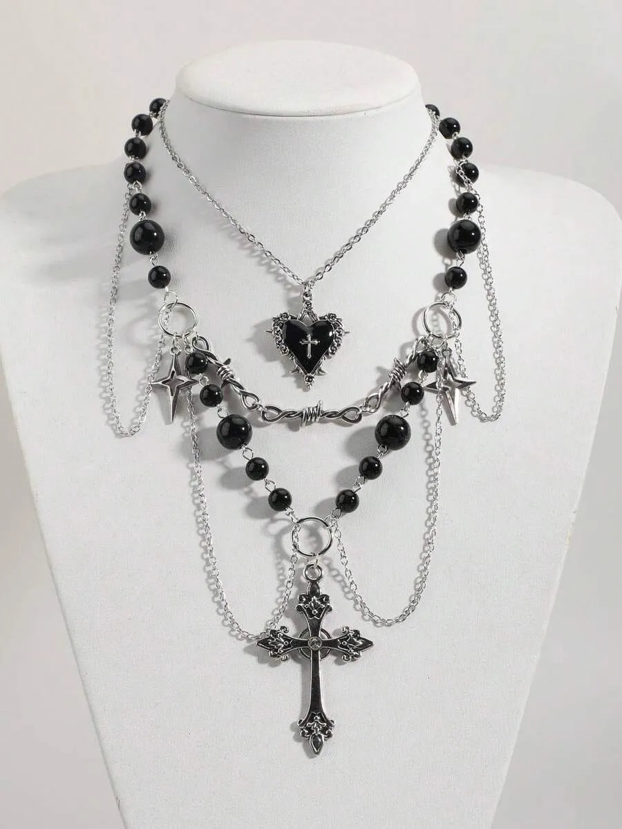 Gothic Layered Cross Heart Pendant Faux Pearl Beaded Punk Necklace Set