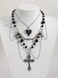 Gothic Layered Cross Heart Pendant Faux Pearl Beaded Punk Necklace Set