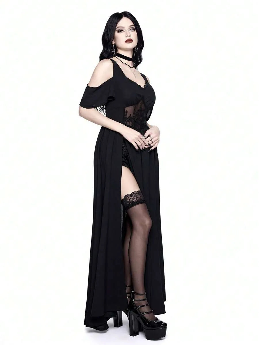 Gothic Cold-Shoulder Deep V-Neck High Split Maxi Party Dress