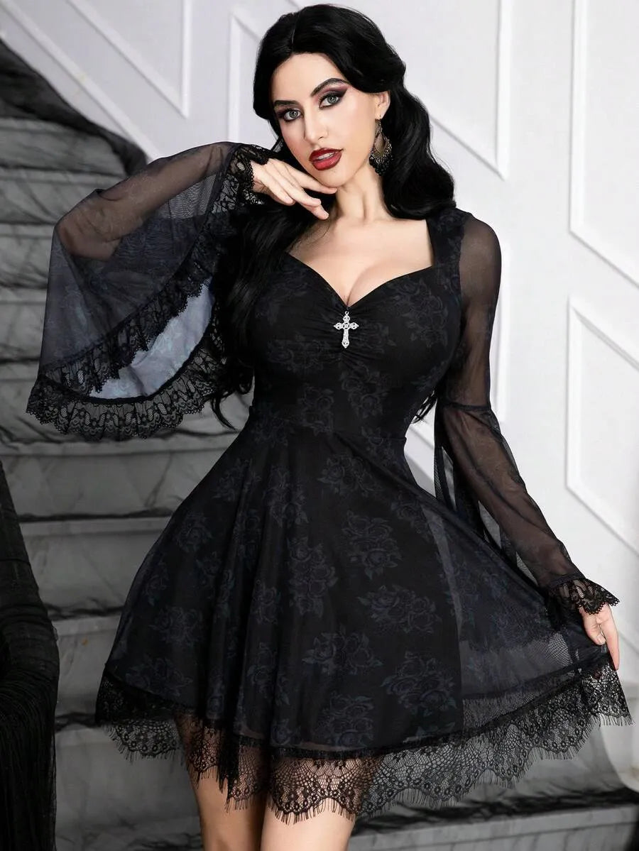 Gothic Square Neck Flare Sleeve Mesh Floral Witchy Mini Dress
