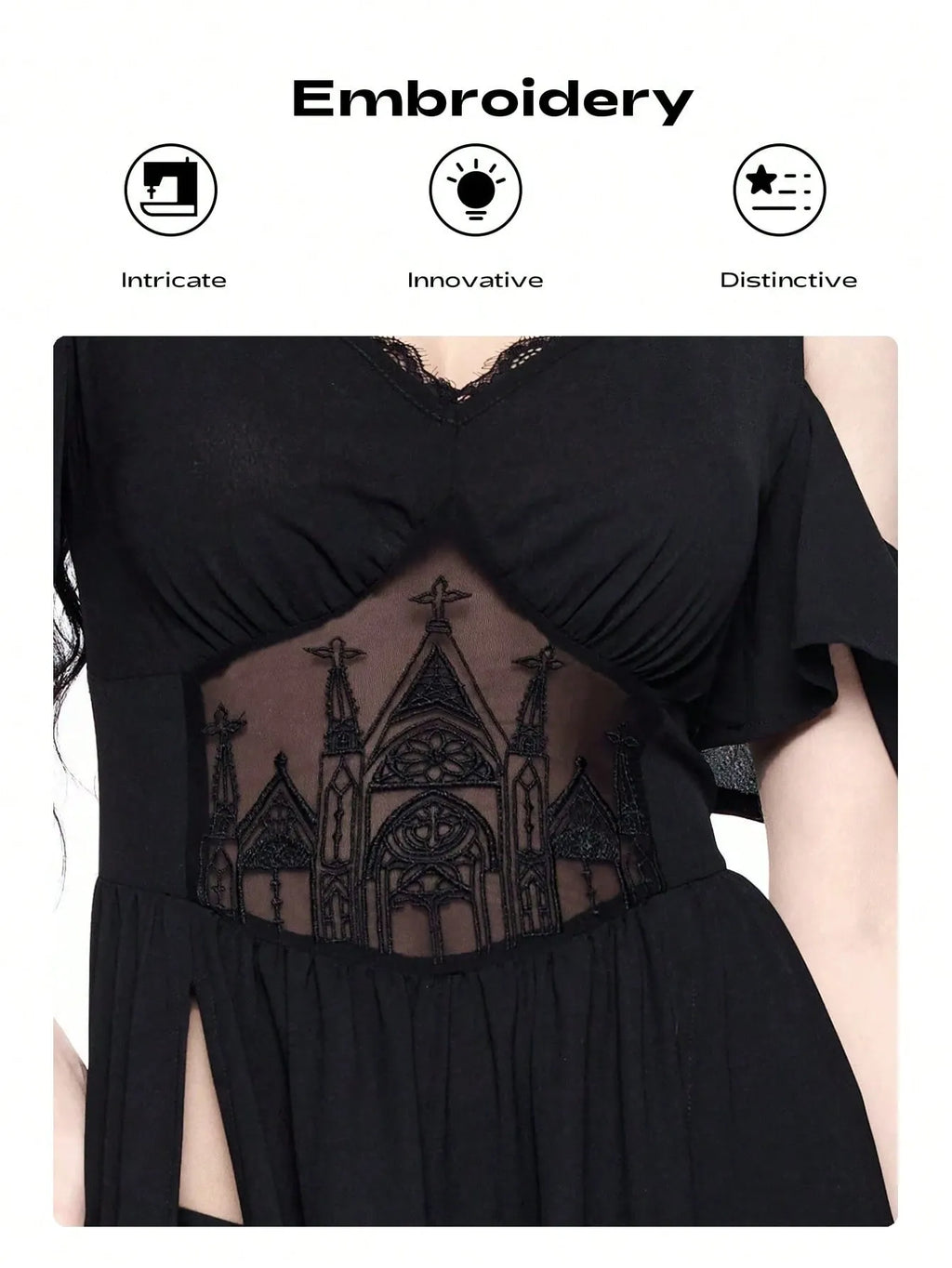 Gothic Cold-Shoulder Deep V-Neck High Split Maxi Party Dress