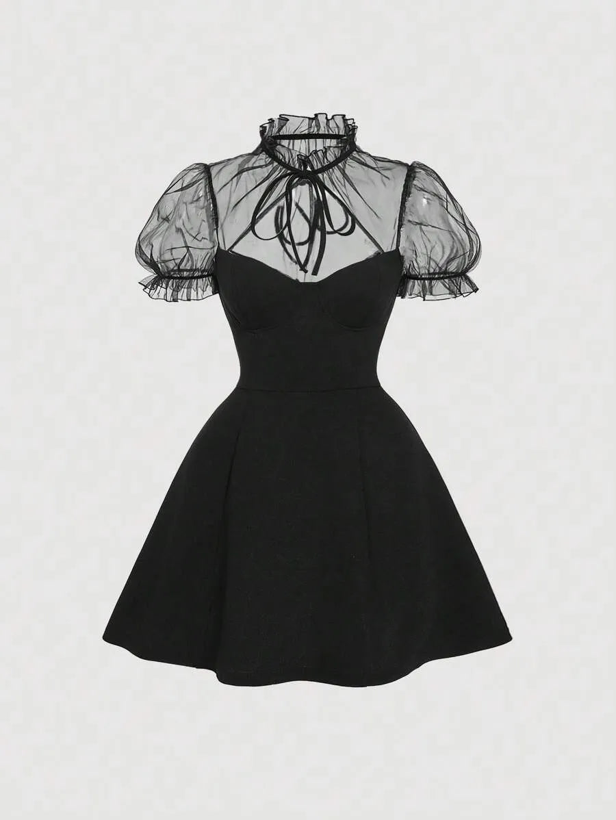 Elegant Mock Neck Puff Sleeve Mesh Patchwork Black Mini Dress