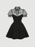 Elegant Mock Neck Puff Sleeve Mesh Patchwork Black Mini Dress