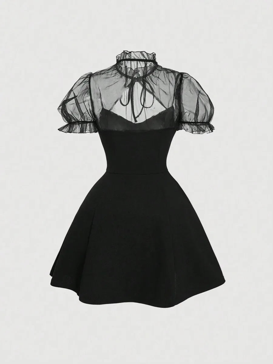 Elegant Mock Neck Puff Sleeve Mesh Patchwork Black Mini Dress