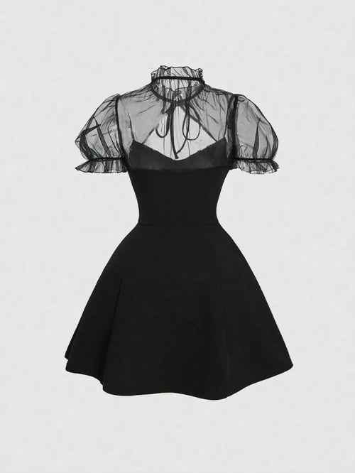 Elegant Mock Neck Puff Sleeve Mesh Patchwork Black Mini Dress