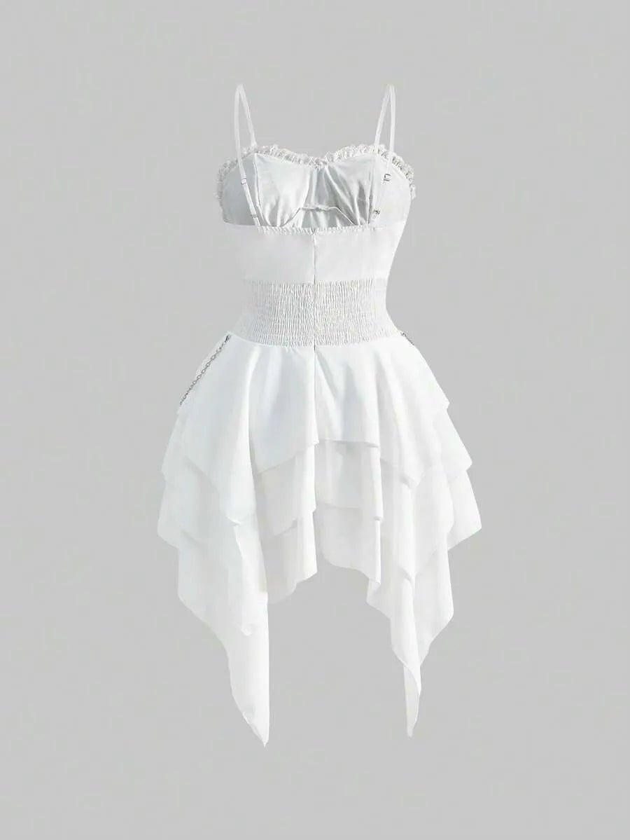 Gothic Asymmetric Layered Hem White Cami Dress With Detachable Metal Chains