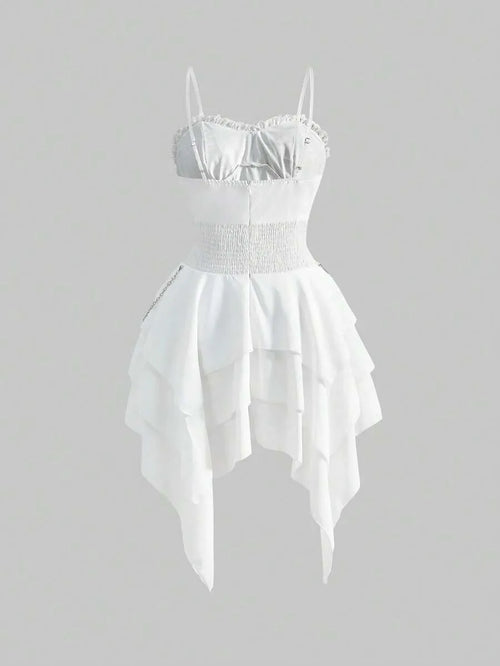 Gothic Asymmetric Layered Hem White Cami Dress With Detachable Metal Chains
