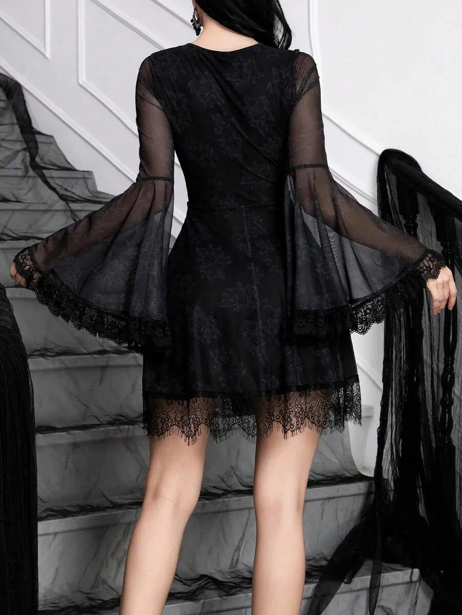 Gothic Square Neck Flare Sleeve Mesh Floral Witchy Mini Dress