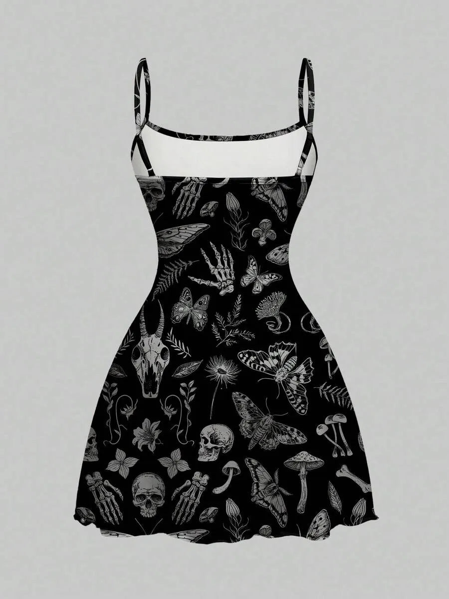 Gothic Dark Halloween Skull Moth Print Cami Mini Dress