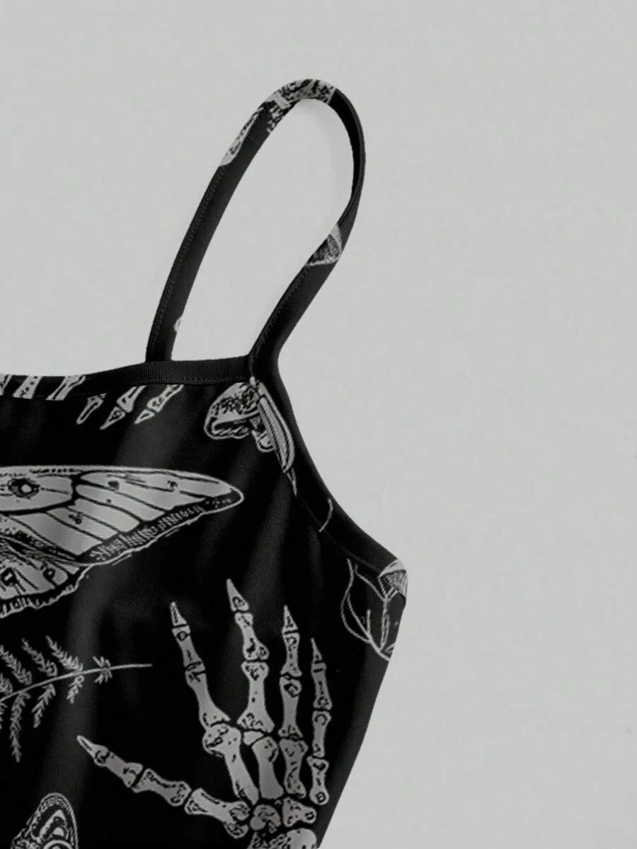 Gothic Dark Halloween Skull Moth Print Cami Mini Dress