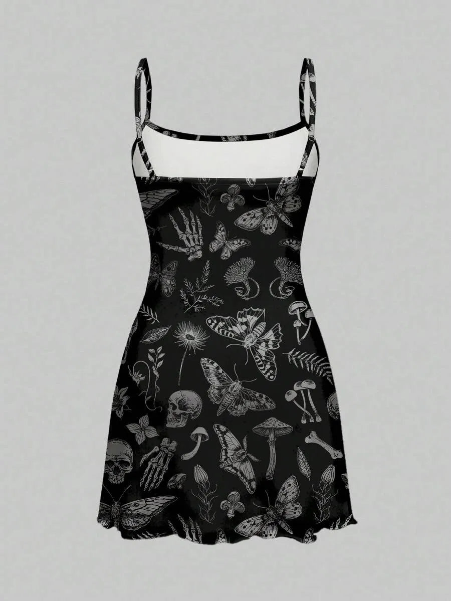 Gothic Dark Halloween Skull Moth Print Cami Mini Dress