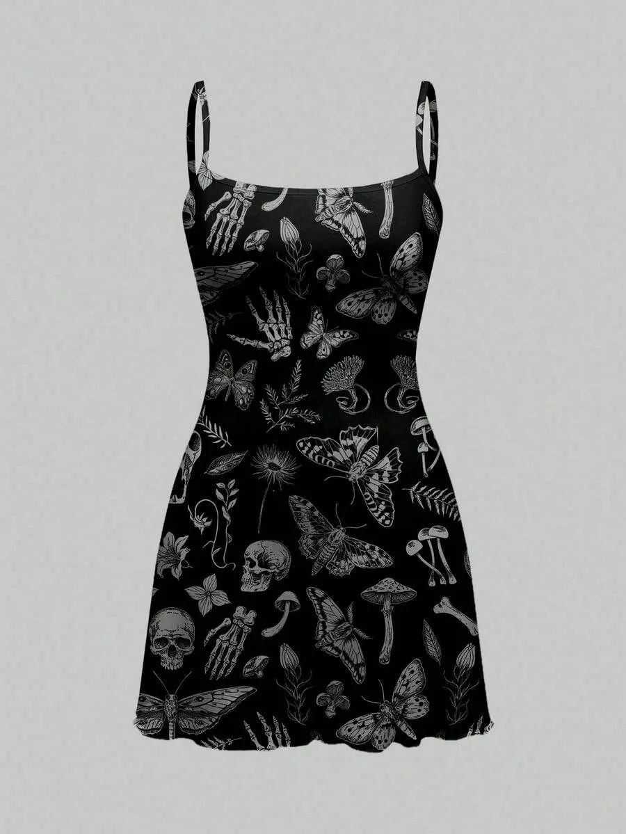 Gothic Dark Halloween Skull Moth Print Cami Mini Dress