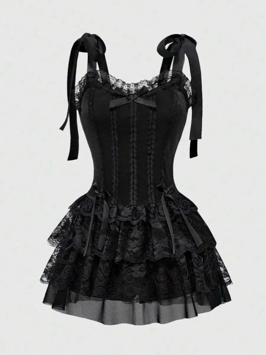 Vintage Gothic Velvet Corset Tiered Lace Cami Mini Dress