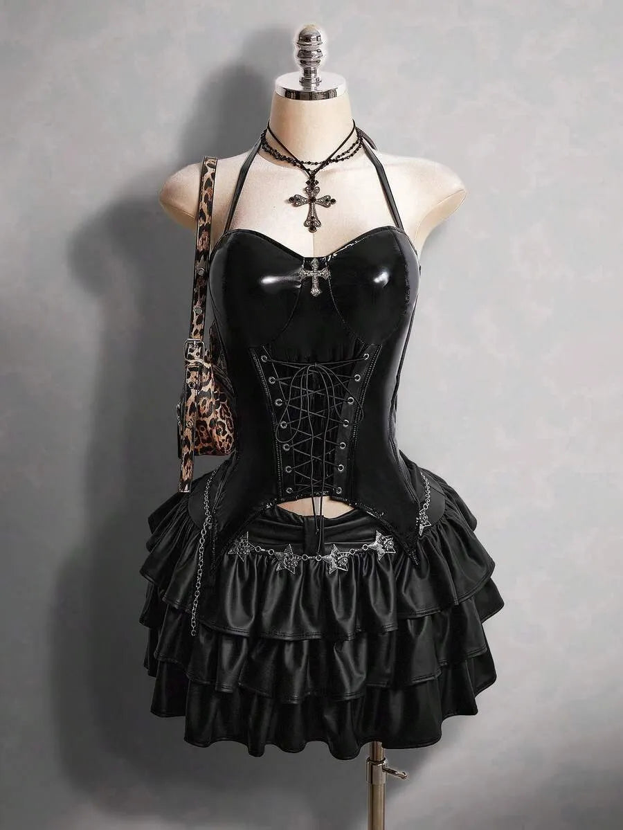 Gothic Dark Y2K Halter PU Leather Corset Top With Cross Rhinestone