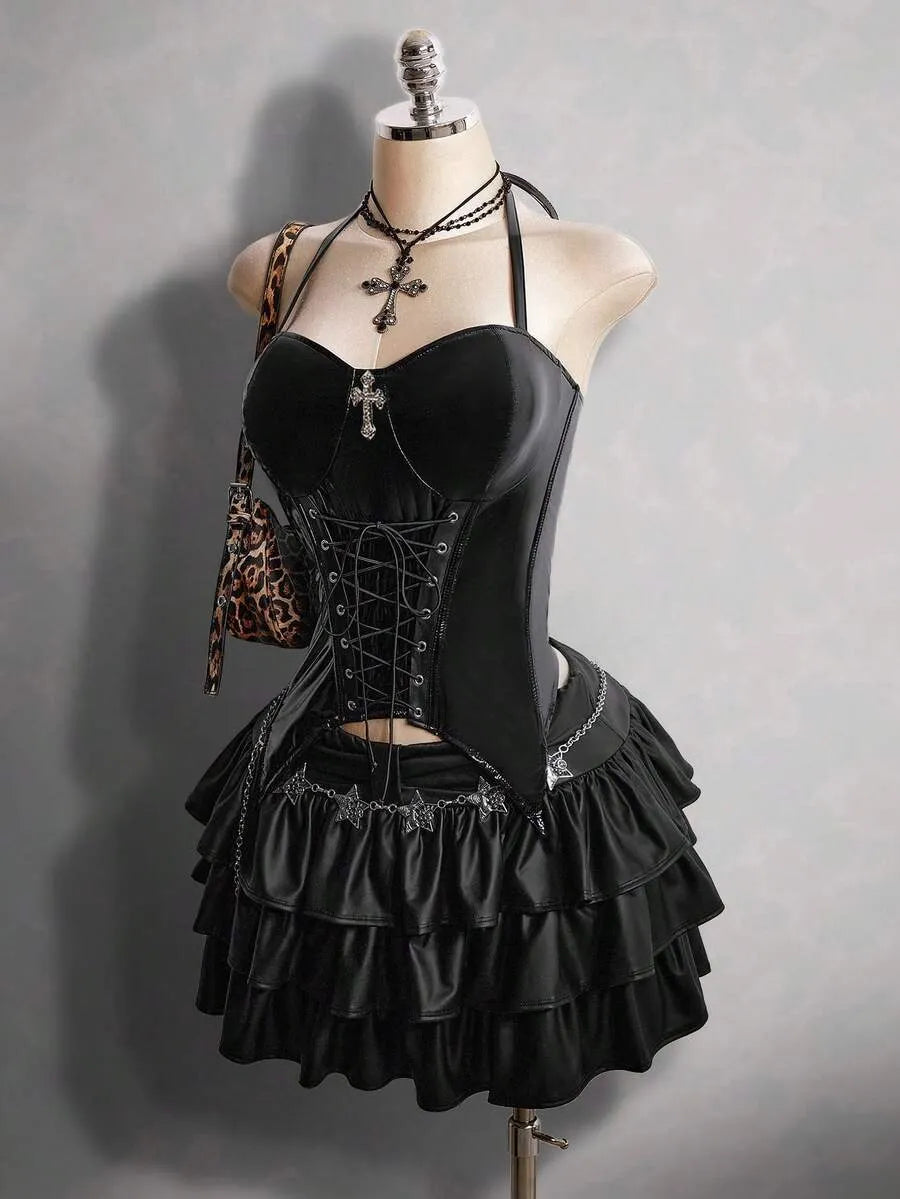 Gothic Dark Y2K Halter PU Leather Corset Top With Cross Rhinestone