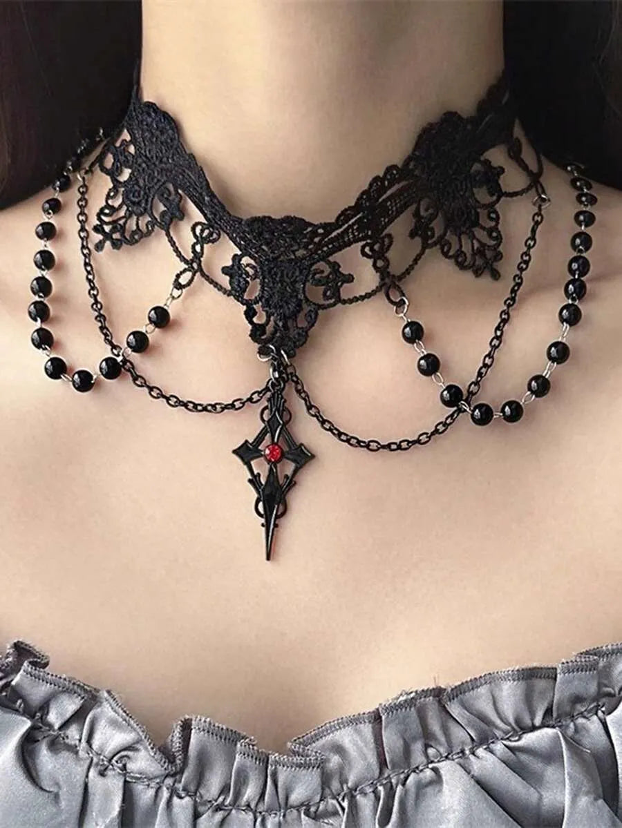 Gothic Black Lace Tassel Choker Necklace With Rhinestone Cross Pendant