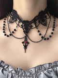 Gothic Black Lace Tassel Choker Necklace With Rhinestone Cross Pendant