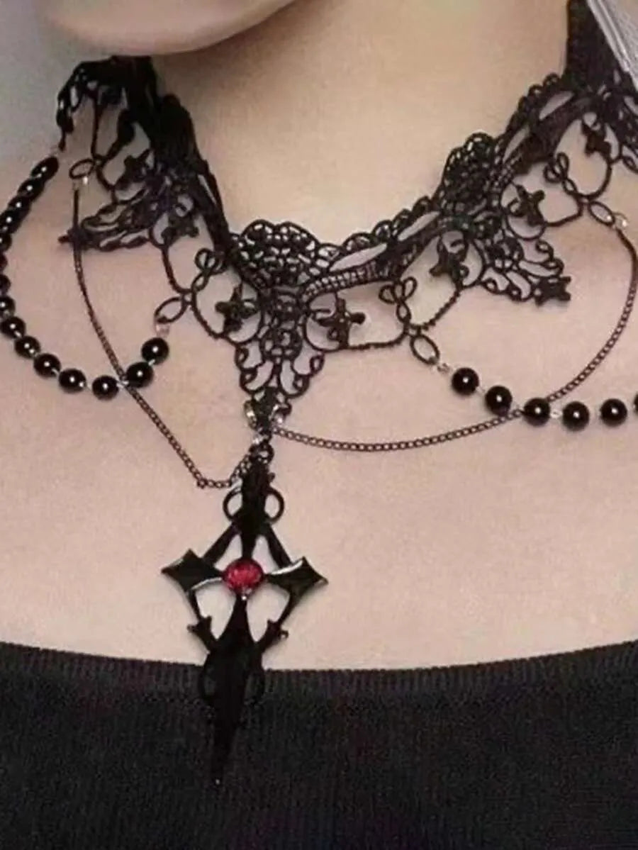 Gothic Black Lace Tassel Choker Necklace With Rhinestone Cross Pendant