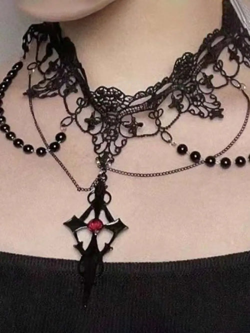 Gothic Black Lace Tassel Choker Necklace With Rhinestone Cross Pendant