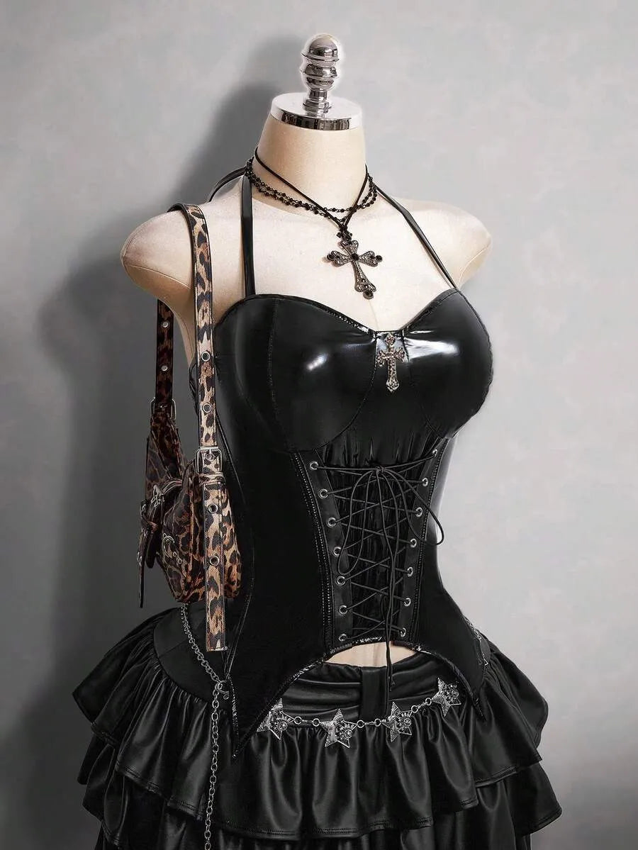 Gothic Dark Y2K Halter PU Leather Corset Top With Cross Rhinestone