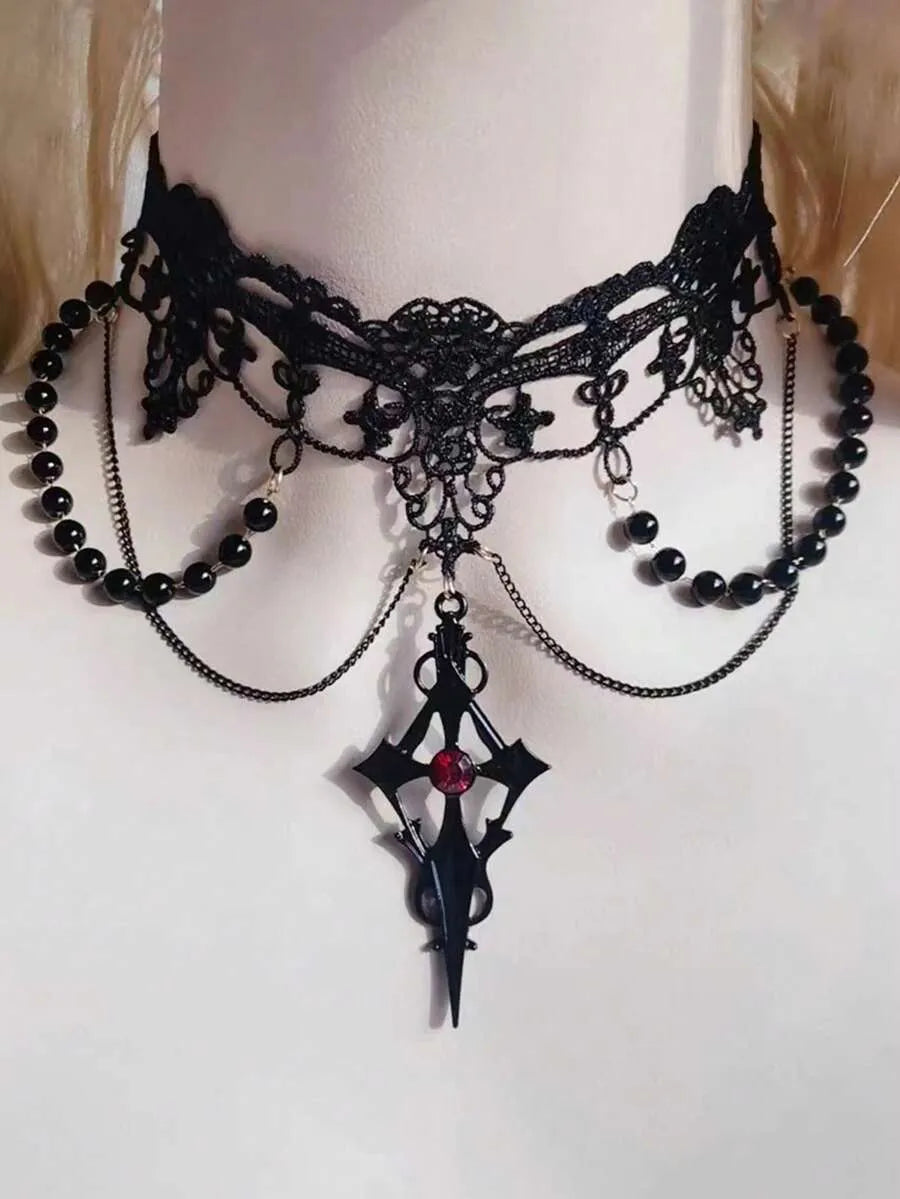 Gothic Black Lace Tassel Choker Necklace With Rhinestone Cross Pendant