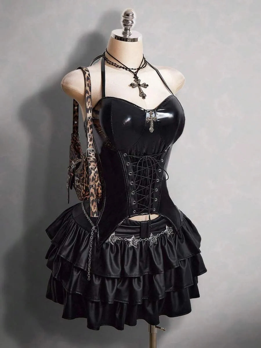 Gothic Dark Y2K Halter PU Leather Corset Top With Cross Rhinestone