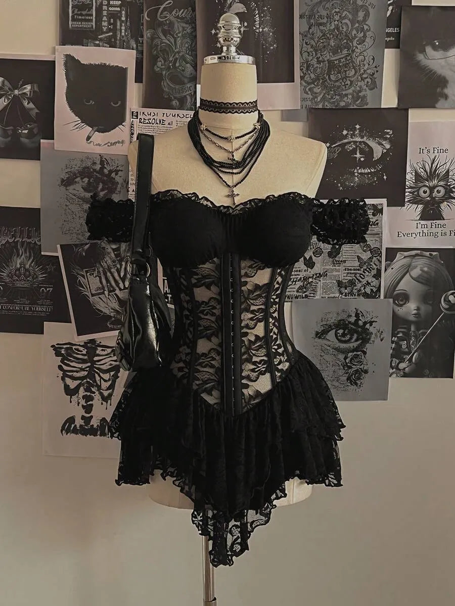 Vintage Y2K Off-Shoulder Asymmetric Black Lace Mini Corset Dress