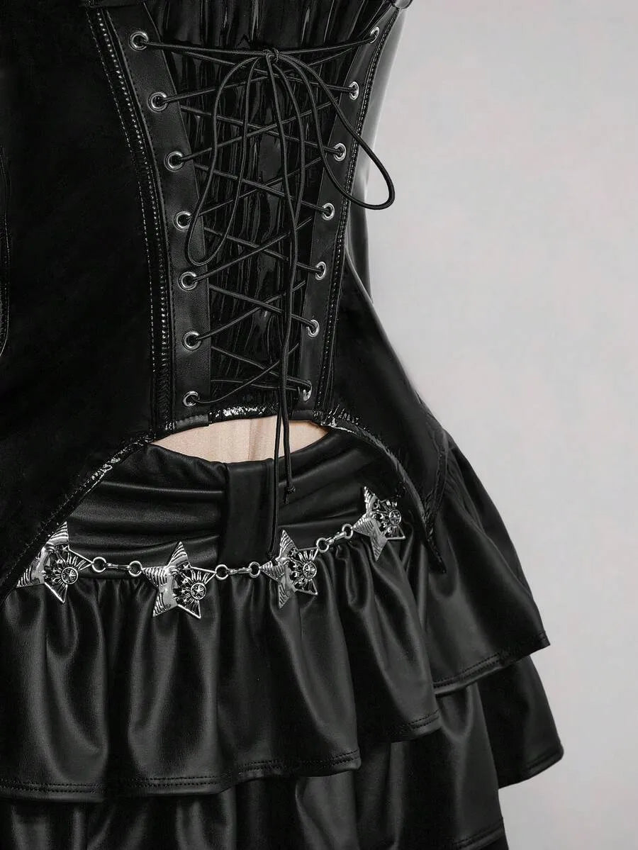 Gothic Dark Y2K Halter PU Leather Corset Top With Cross Rhinestone