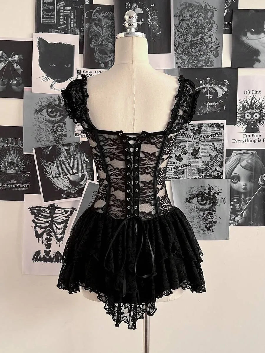 Vintage Y2K Off-Shoulder Asymmetric Black Lace Mini Corset Dress